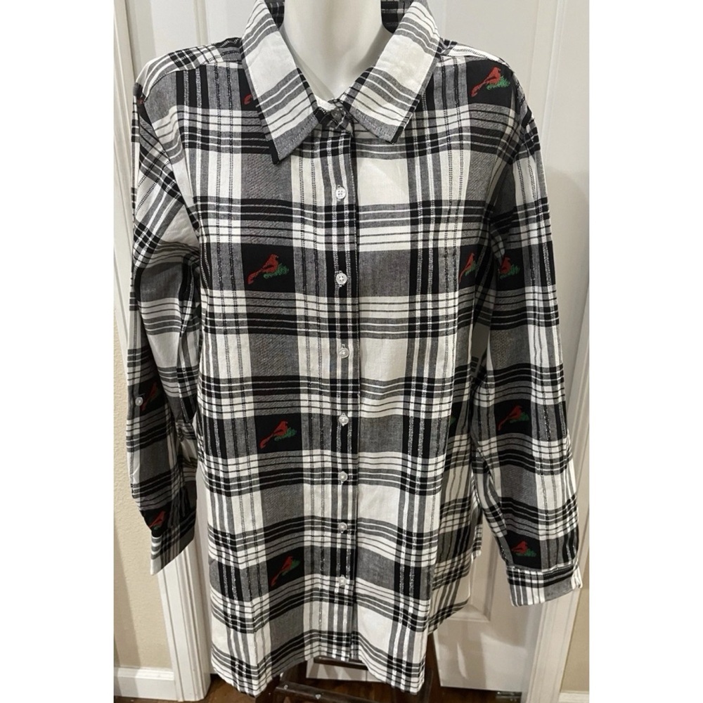 Collections Etc Button Up Plaid Shirt Women's XXL Red Embroidered Birds Holidays